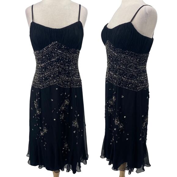 Vintage Y2k Bicici Silk Beaded Dress Empire Waist Pleated Silver Black Womens 10 - Picture 1 of 13